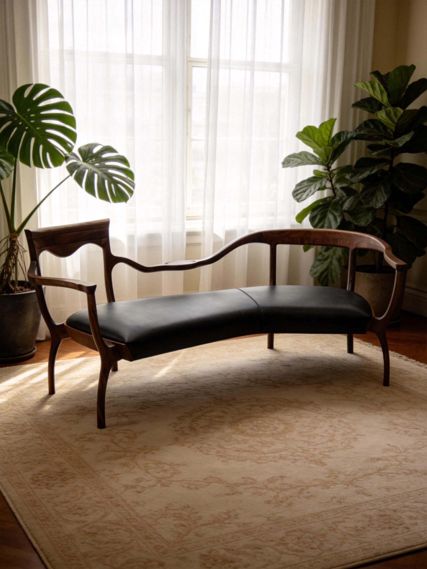 CATENA Solid Black Walnut & Leather Loveseat Bench