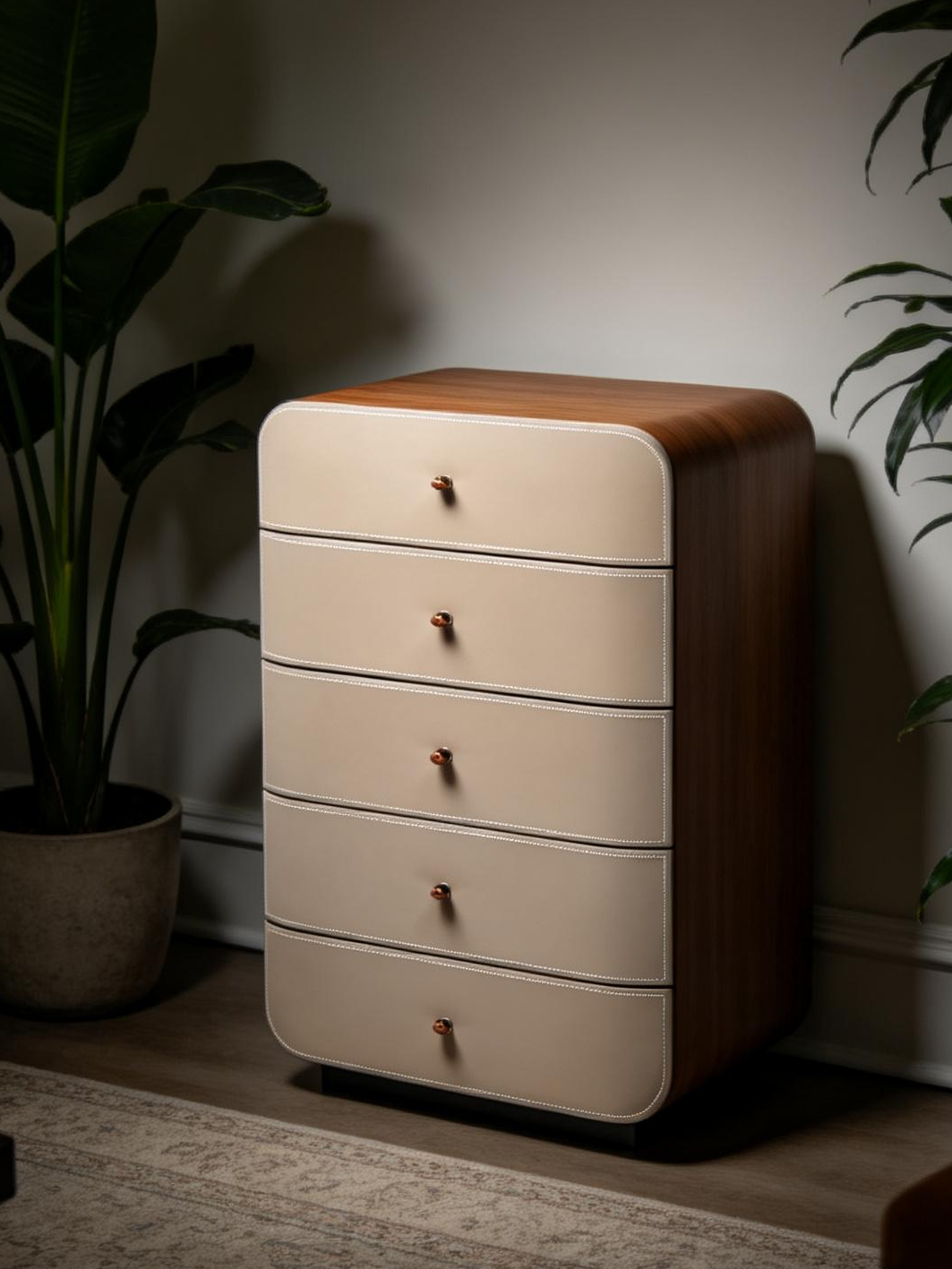 AVARO Walnut Veneer & Saddle Leather Chest of Drawers