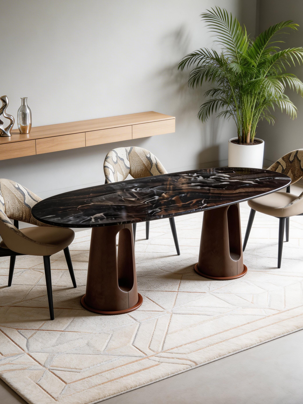 MetalloMar Cloud-Veined Marble Dining Table with Leather-Wrapped Metal Legs