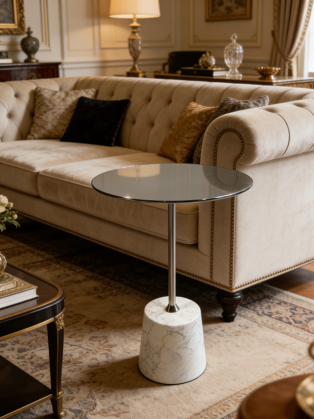ELIO Grey Glass & Marble Side Table