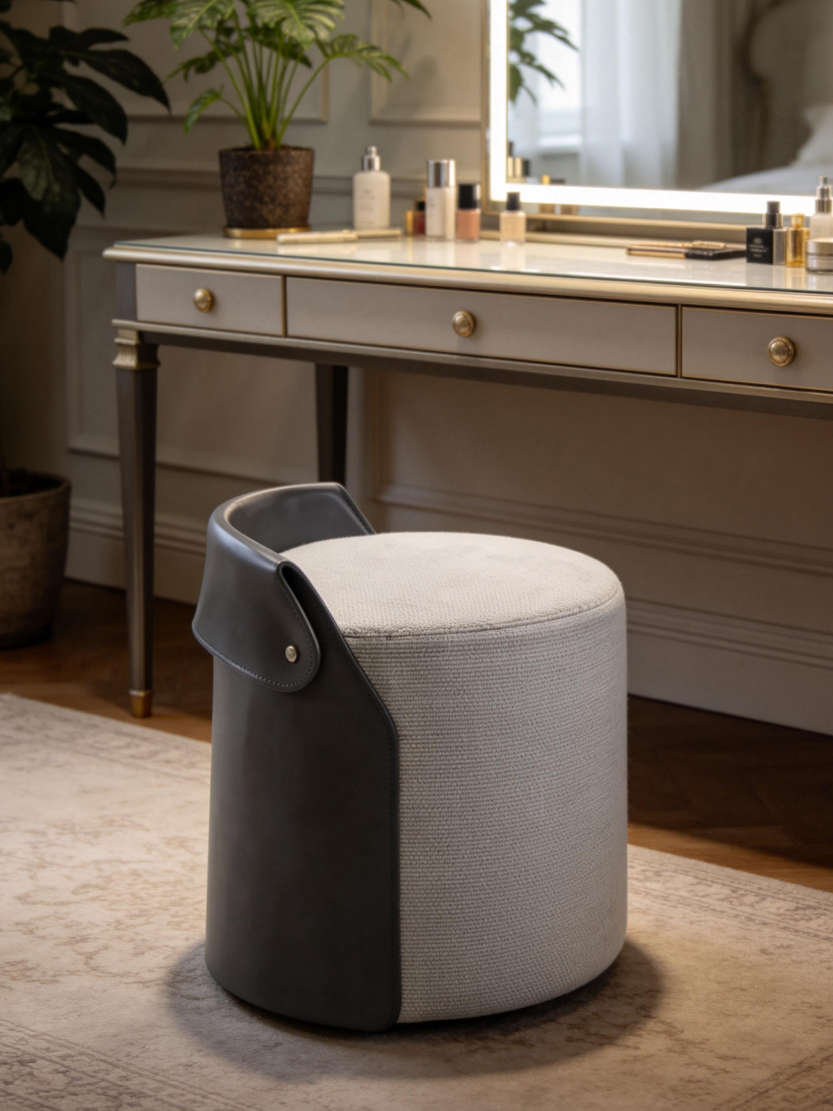 CAMILLE Saddle Leather & Fabric Dressing Ottoman Stool