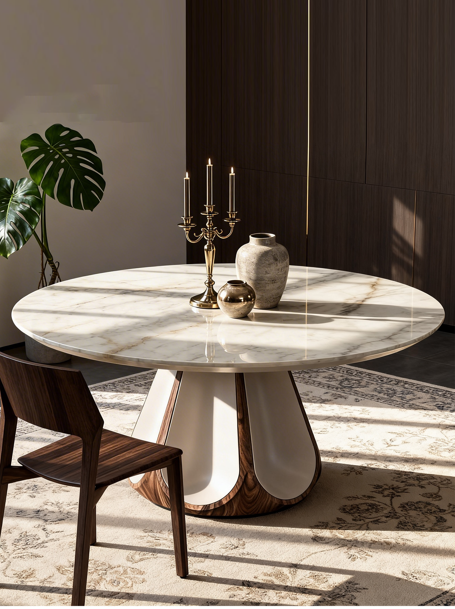 ODETTE Solid Catalpa Wood & Saddle Leather Round Dining Table with Marble Turntable