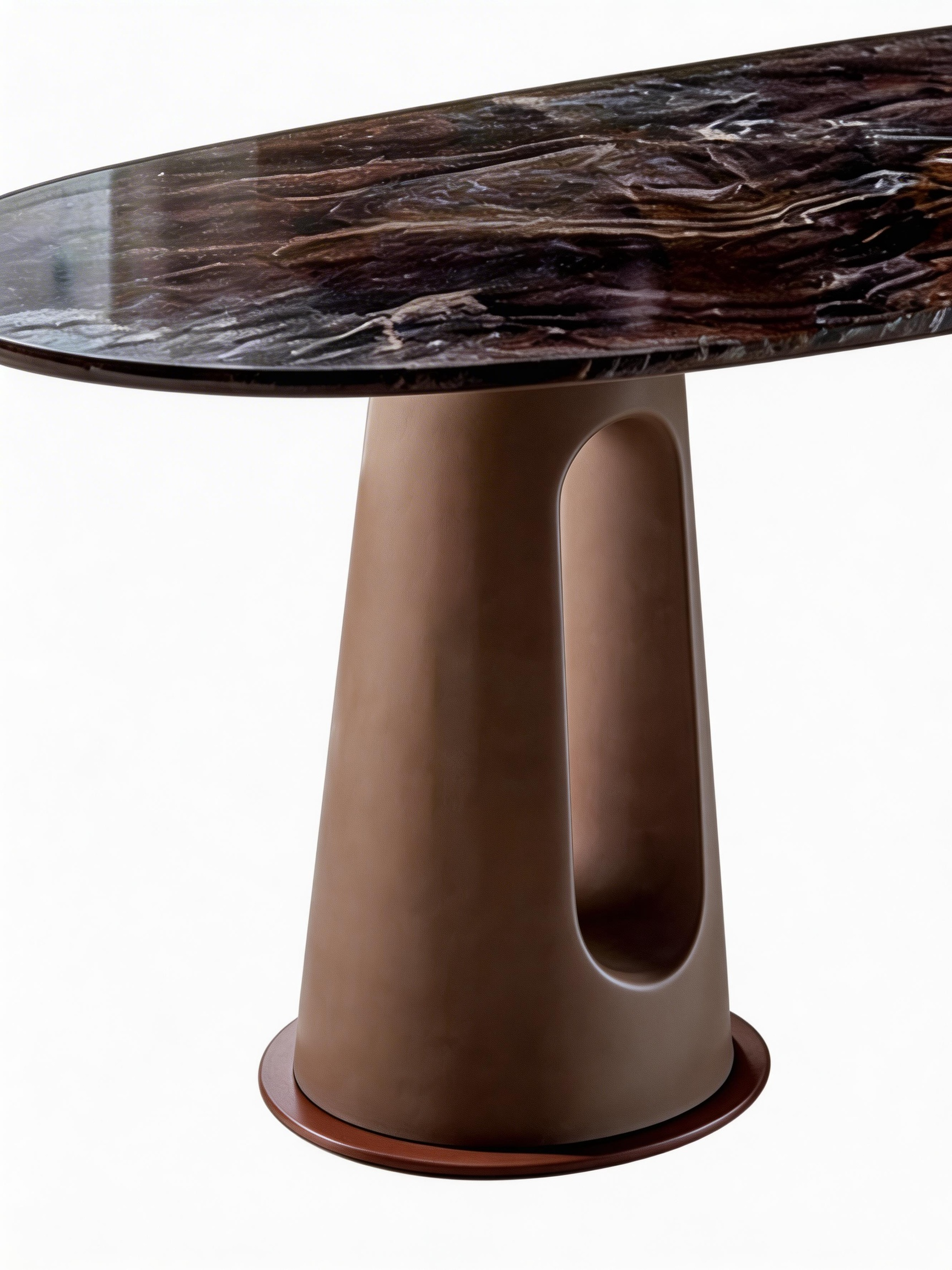 MetalloMar Cloud-Veined Marble Dining Table with Leather-Wrapped Metal Legs
