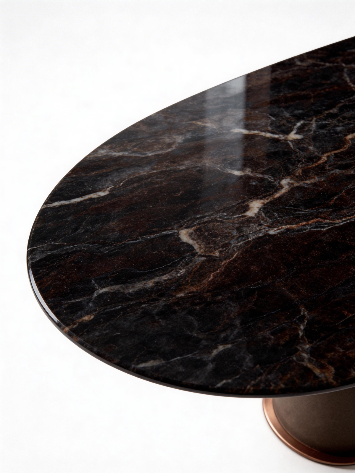 MetalloMar Cloud-Veined Marble Dining Table with Leather-Wrapped Metal Legs