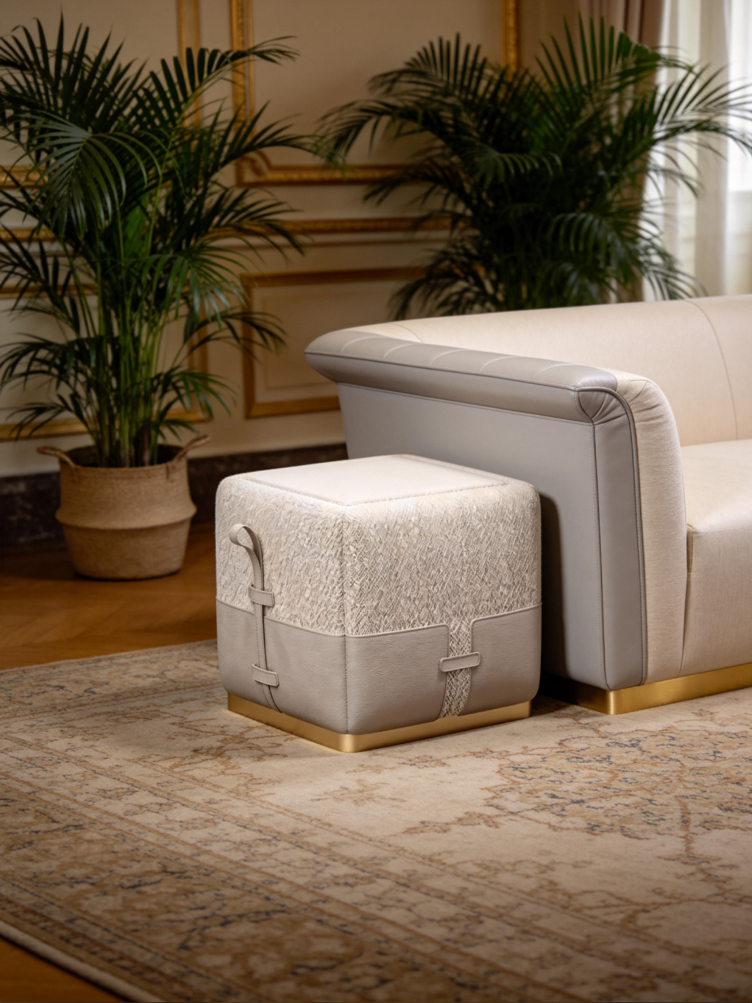 MONA Saddle Leather & Fabric Cube Stool