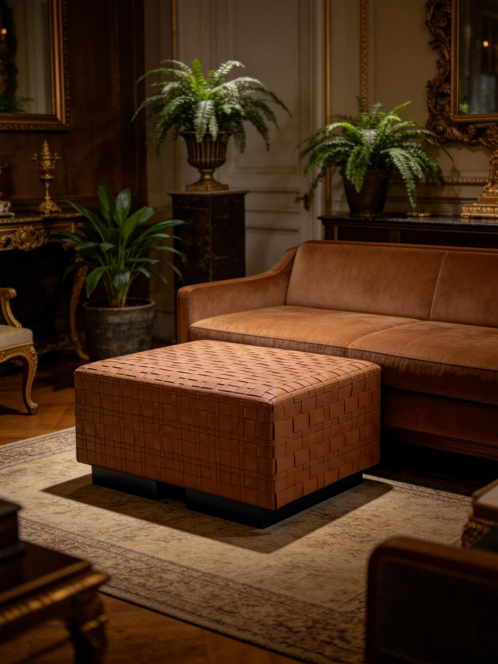 LOREN Woven Leather Large Square Ottoman