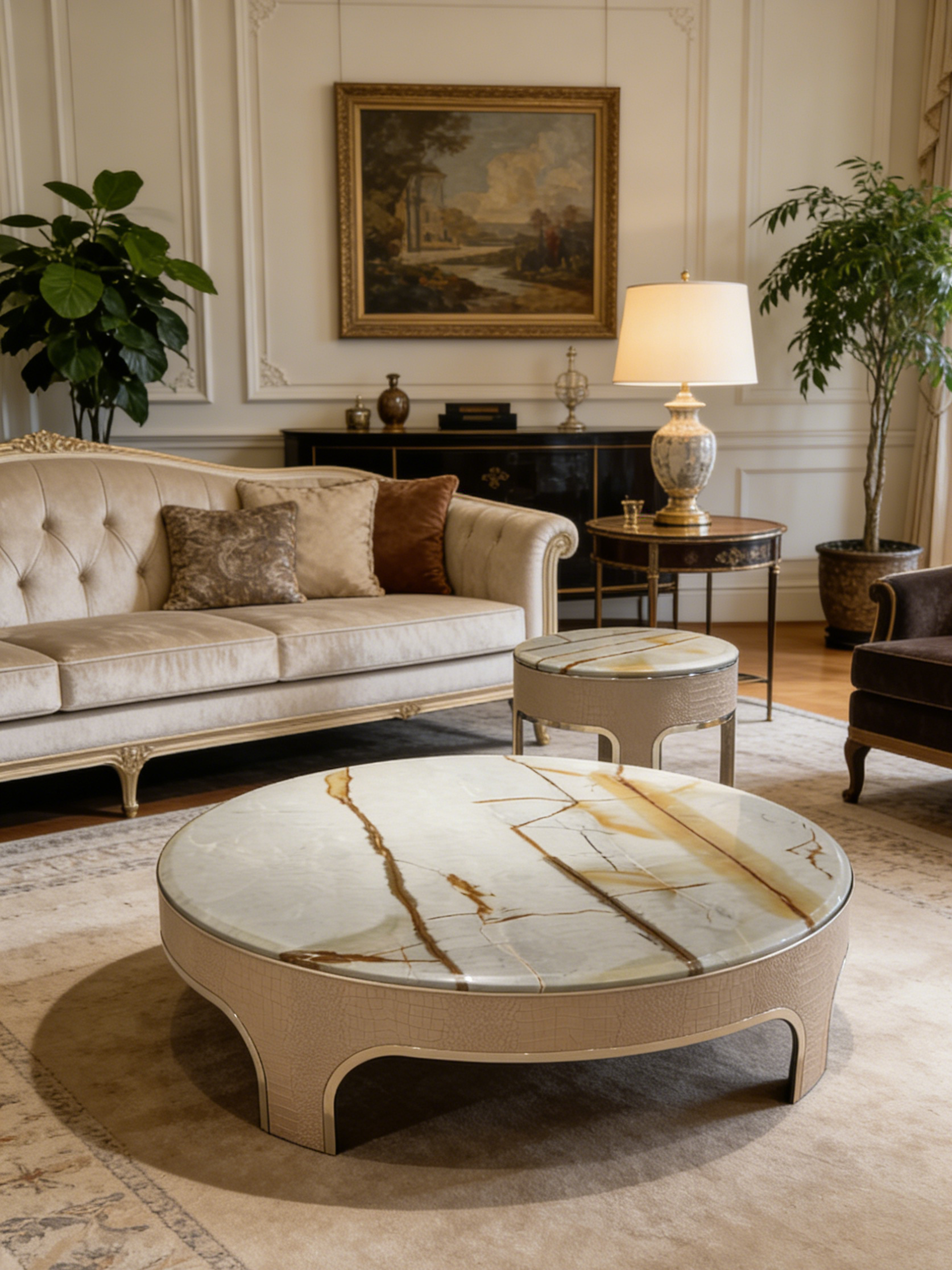 Veil Marble Coffee Table Set of 2 with Saddle Leather Base