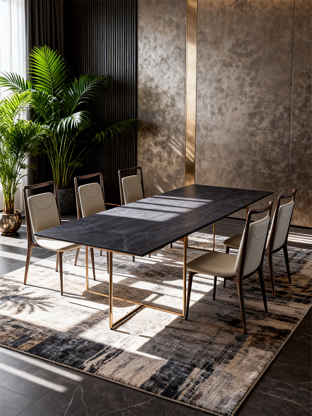 CASSA Wood Veneer Dining Table in Navy with Titanium Gold Legs
