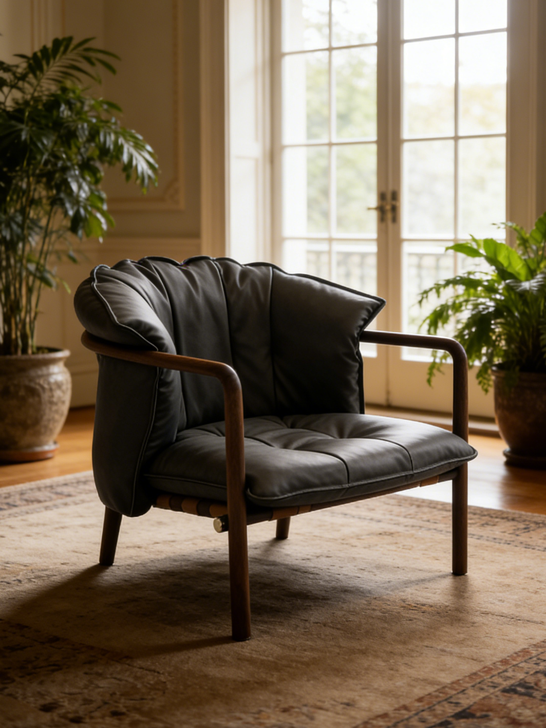 PETAL Solid Black Walnut & Pebbled Leather Lounge Chair