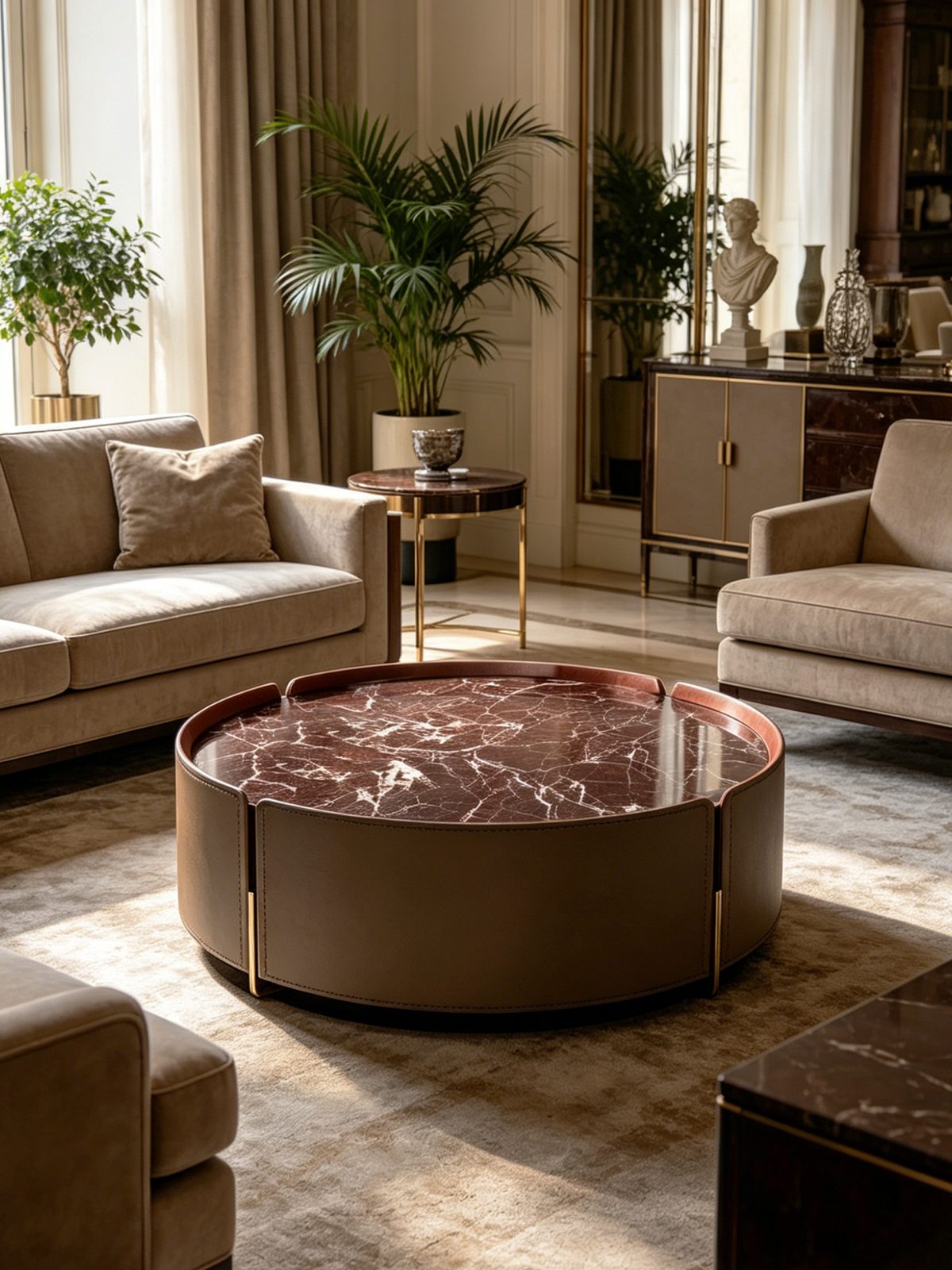 VIOLA Marble & Saddle Leather Round Coffee Table