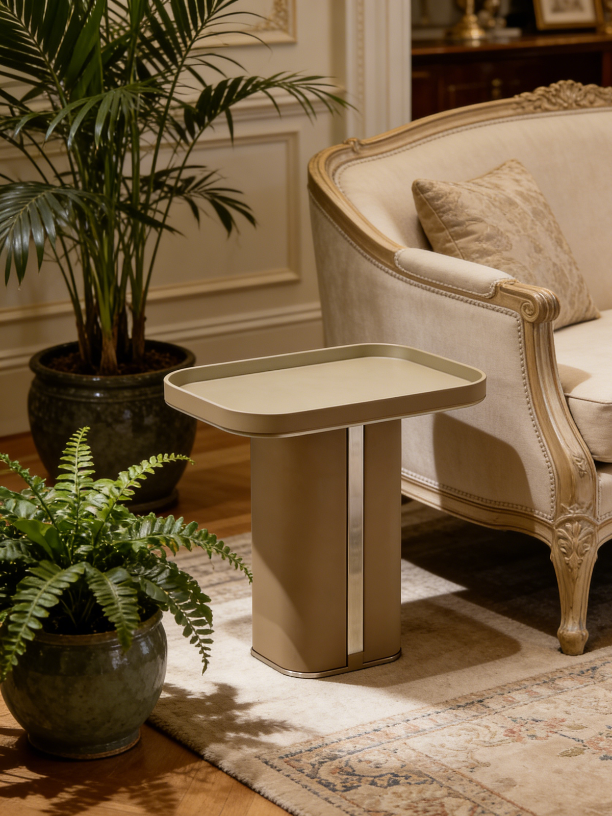 LUMI Saddle Leather Side Table with Mirror Stainless Steel Detail