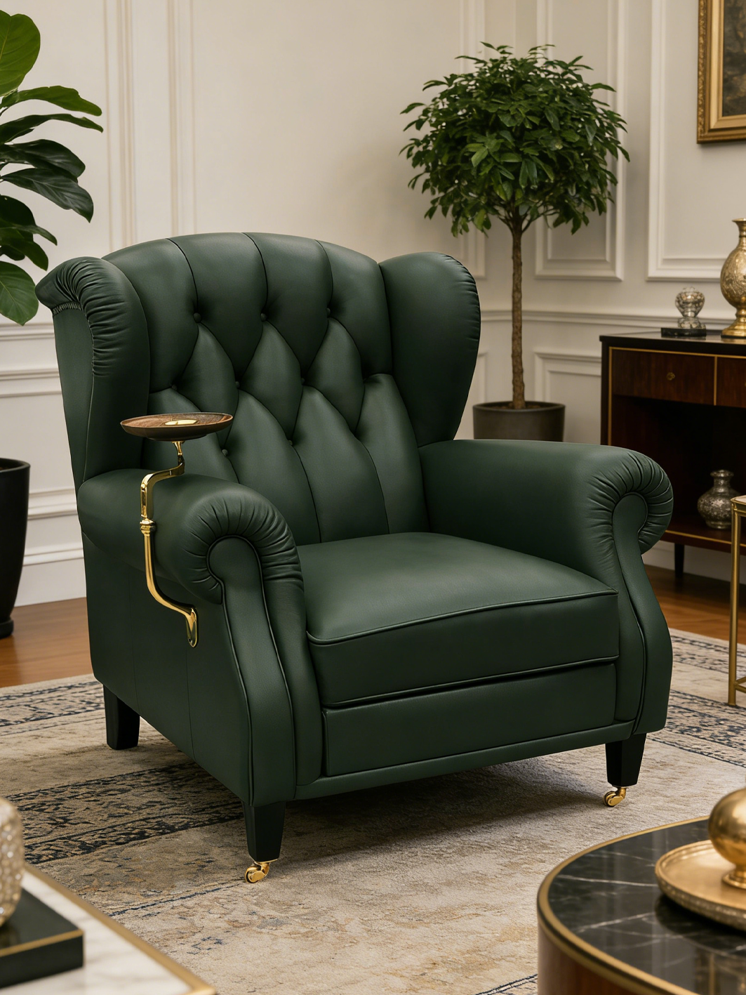 GODFREY Green Leather Wingback Club Chair with Side Tray