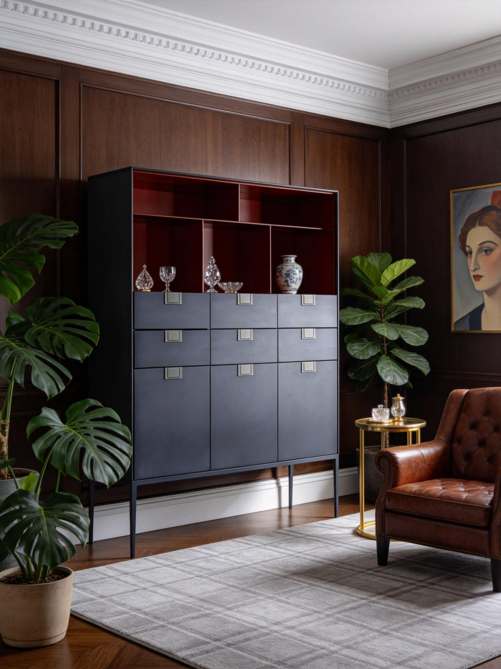 NOCTIS Dark Blue Lacquered Wine Cabinet with Stainless Steel Base