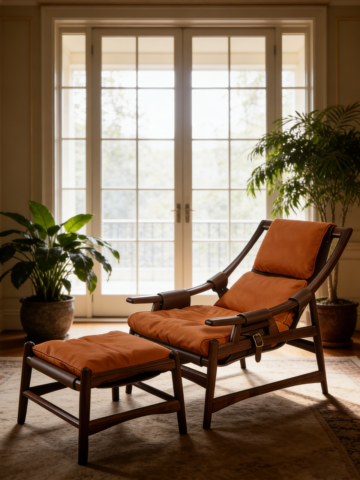 KING Solid Black Walnut & Leather Lounge Chair with Ottoman