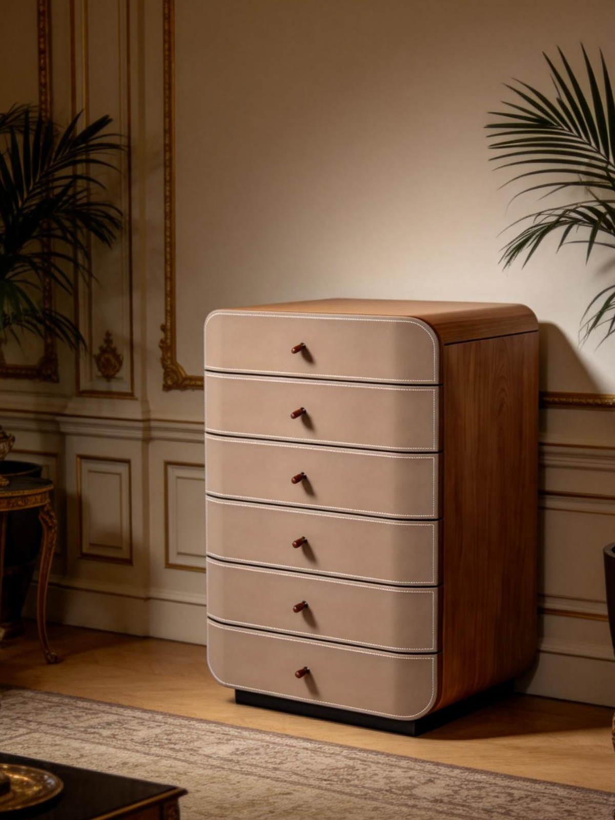 AVARO Walnut Veneer & Saddle Leather Chest of Drawers
