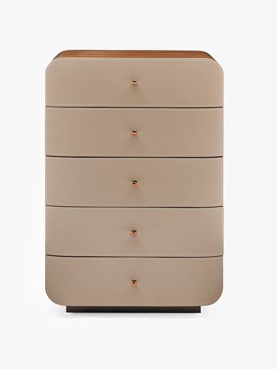 AVARO Walnut Veneer & Saddle Leather Chest of Drawers