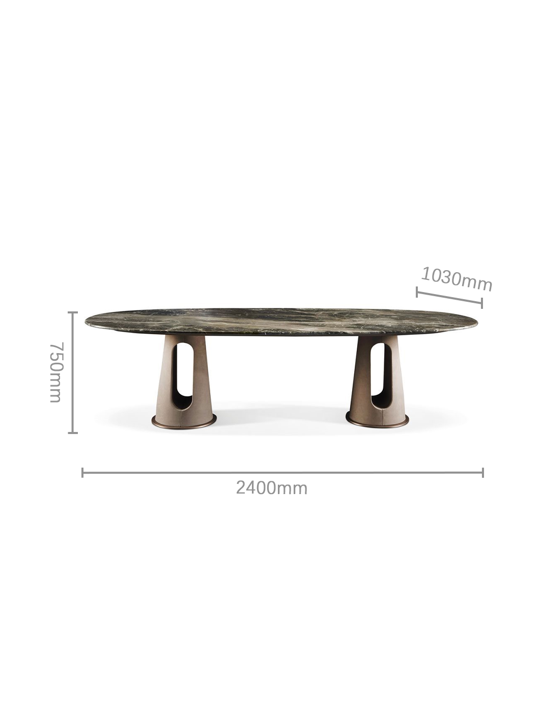 MetalloMar Cloud-Veined Marble Dining Table with Leather-Wrapped Metal Legs
