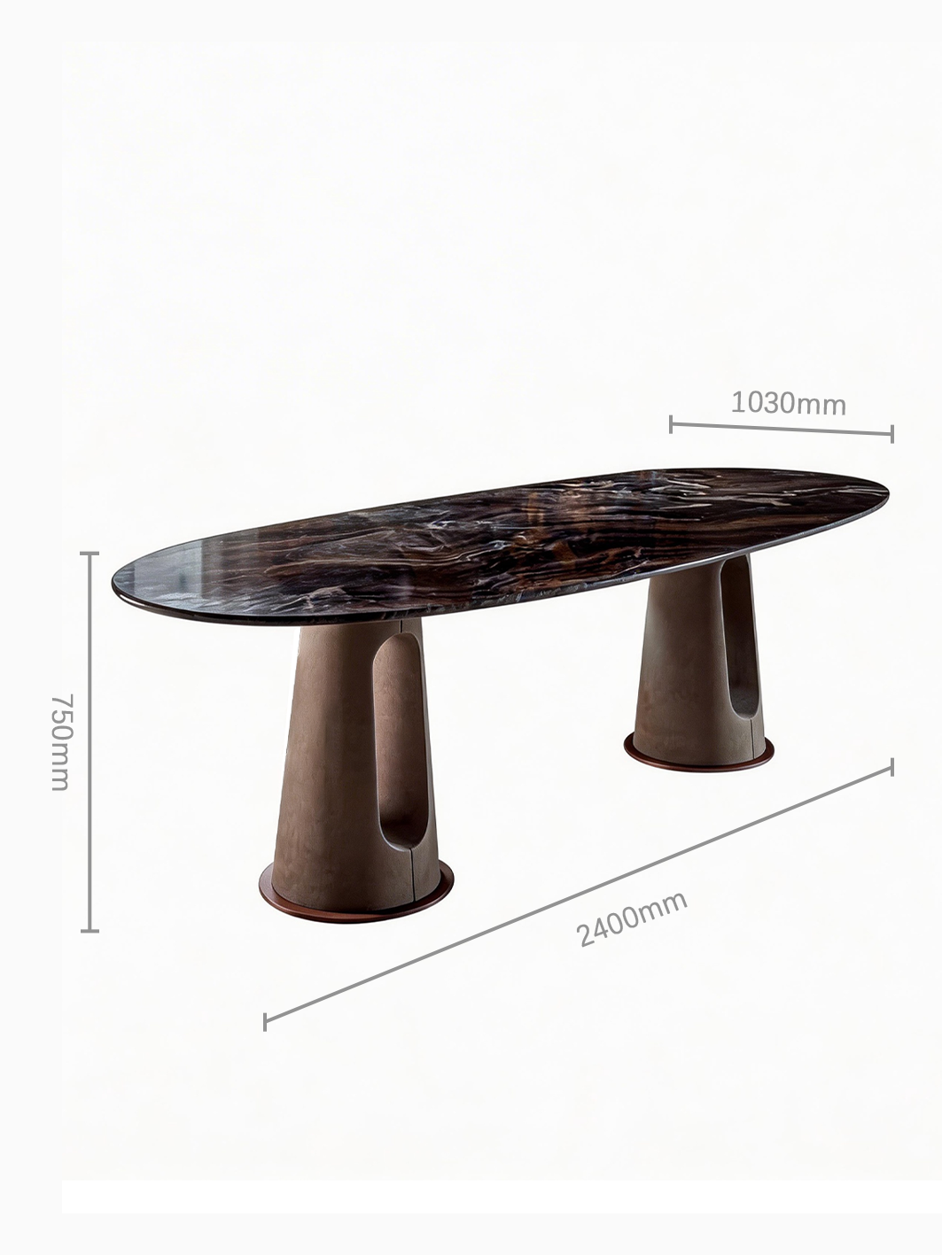MetalloMar Cloud-Veined Marble Dining Table with Leather-Wrapped Metal Legs