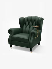 GODFREY Green Leather Wingback Club Chair with Side Tray